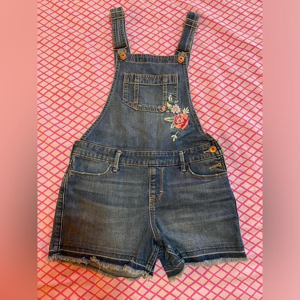 Abercrombie dungaree 13-14 years blue denim floral embroidery overalls